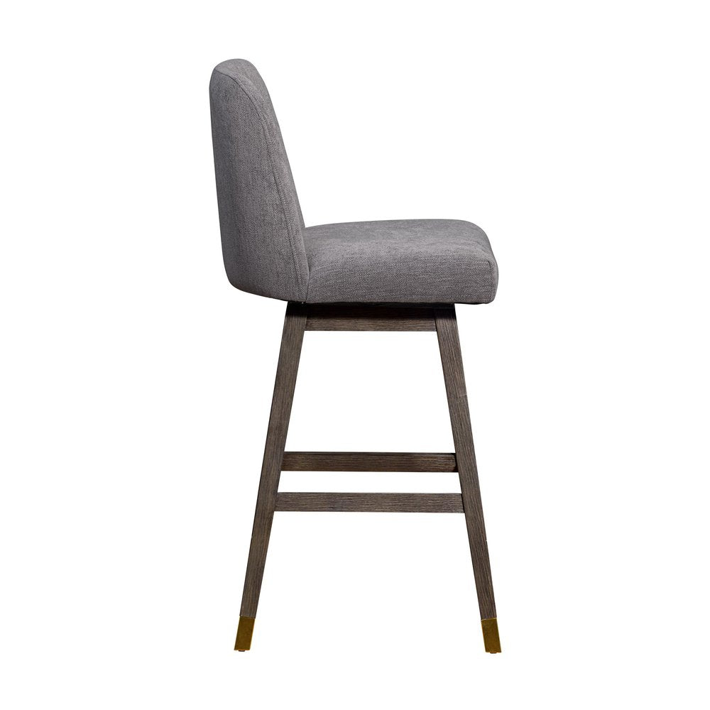 30" Gray And Brown Fabric And Solid Wood Bar Height Swivel Bar Chair