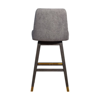 30" Gray and Brown Fabric and Solid Wood Swivel Bar Chair