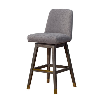 30" Gray And Brown Fabric And Solid Wood Bar Height Swivel Bar Chair