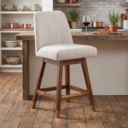 Beige And Brown Solid Wood Swivel Counter Height Bar Chair