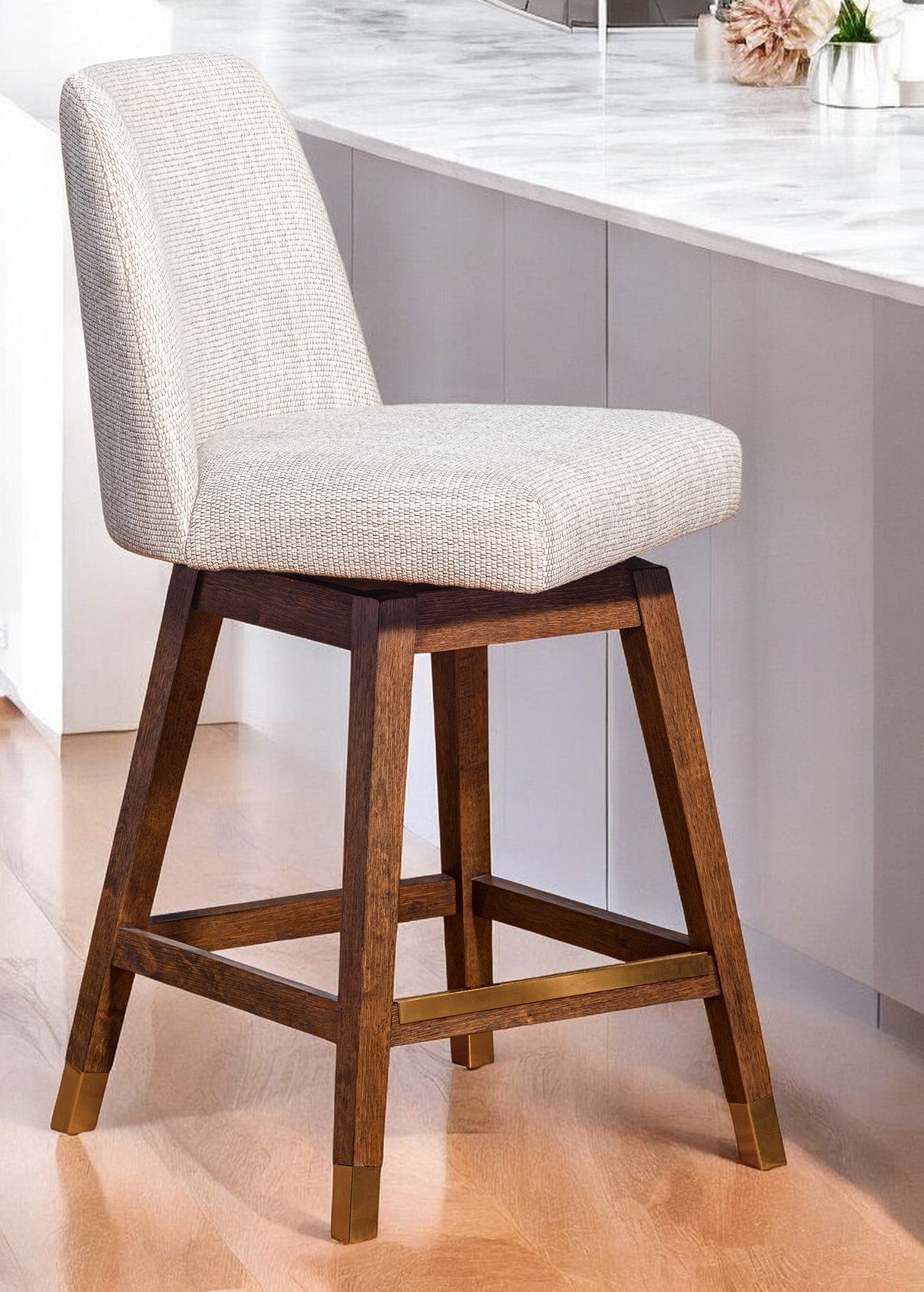 Beige And Brown Solid Wood Swivel Counter Height Bar Chair