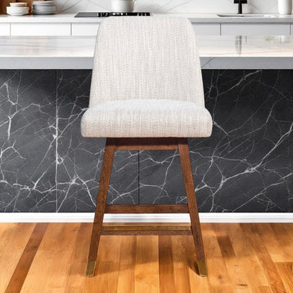 Beige And Brown Solid Wood Swivel Counter Height Bar Chair