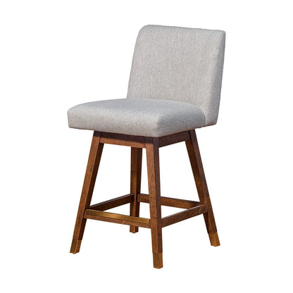 26" Taupe And Brown Fabric And Solid Wood Counter Height Swivel Bar Chair