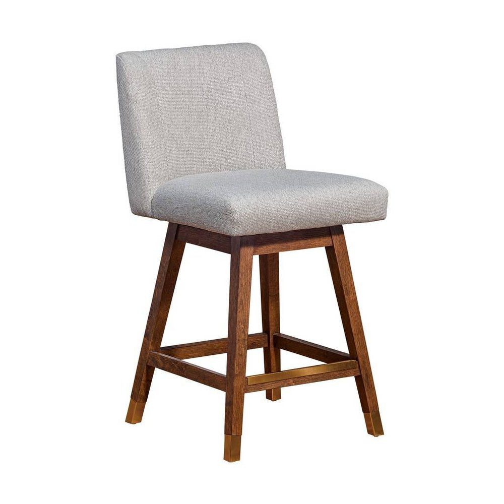 26" Taupe And Brown Fabric And Solid Wood Counter Height Swivel Bar Chair