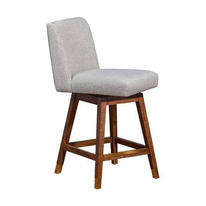 26" Taupe And Brown Fabric And Solid Wood Counter Height Swivel Bar Chair