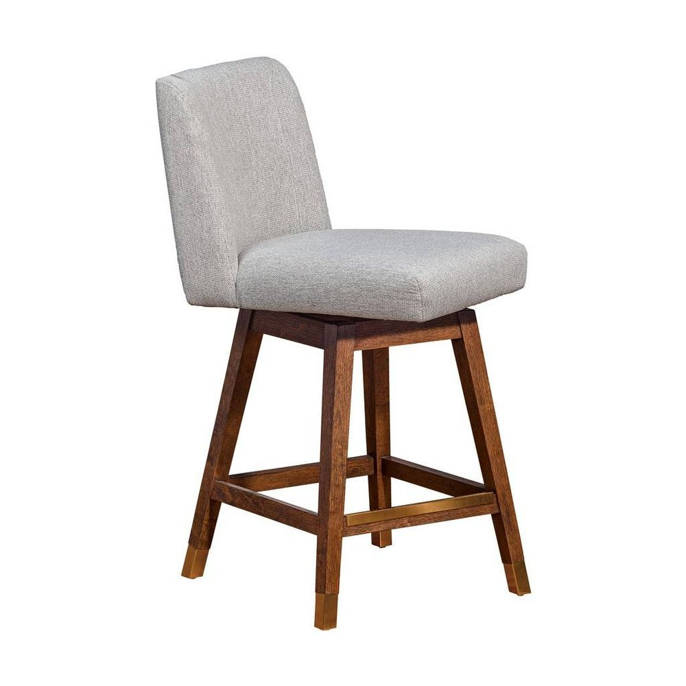 26" Taupe And Brown Fabric And Solid Wood Counter Height Swivel Bar Chair