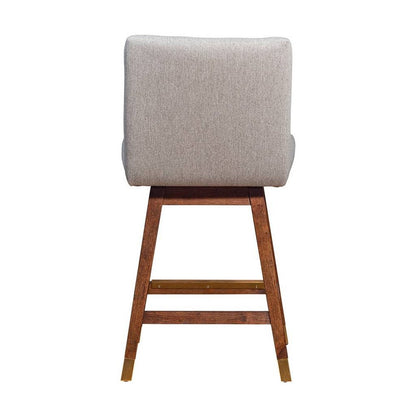 26" Taupe And Brown Fabric And Solid Wood Counter Height Swivel Bar Chair