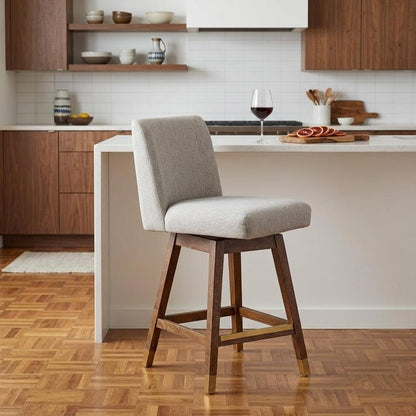 26" Taupe And Brown Fabric And Solid Wood Counter Height Swivel Bar Chair