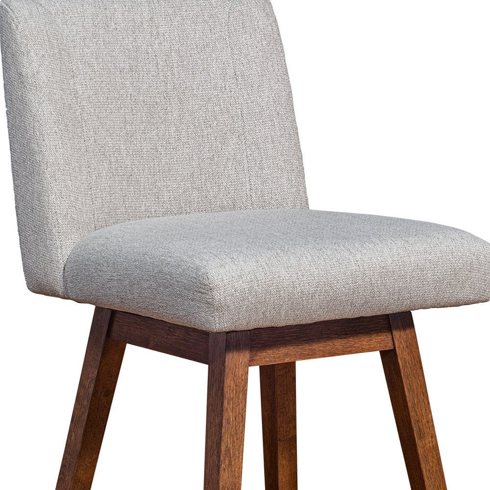 26" Taupe And Brown Fabric And Solid Wood Counter Height Swivel Bar Chair