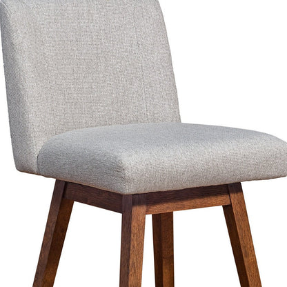 26" Taupe And Brown Fabric And Solid Wood Counter Height Swivel Bar Chair
