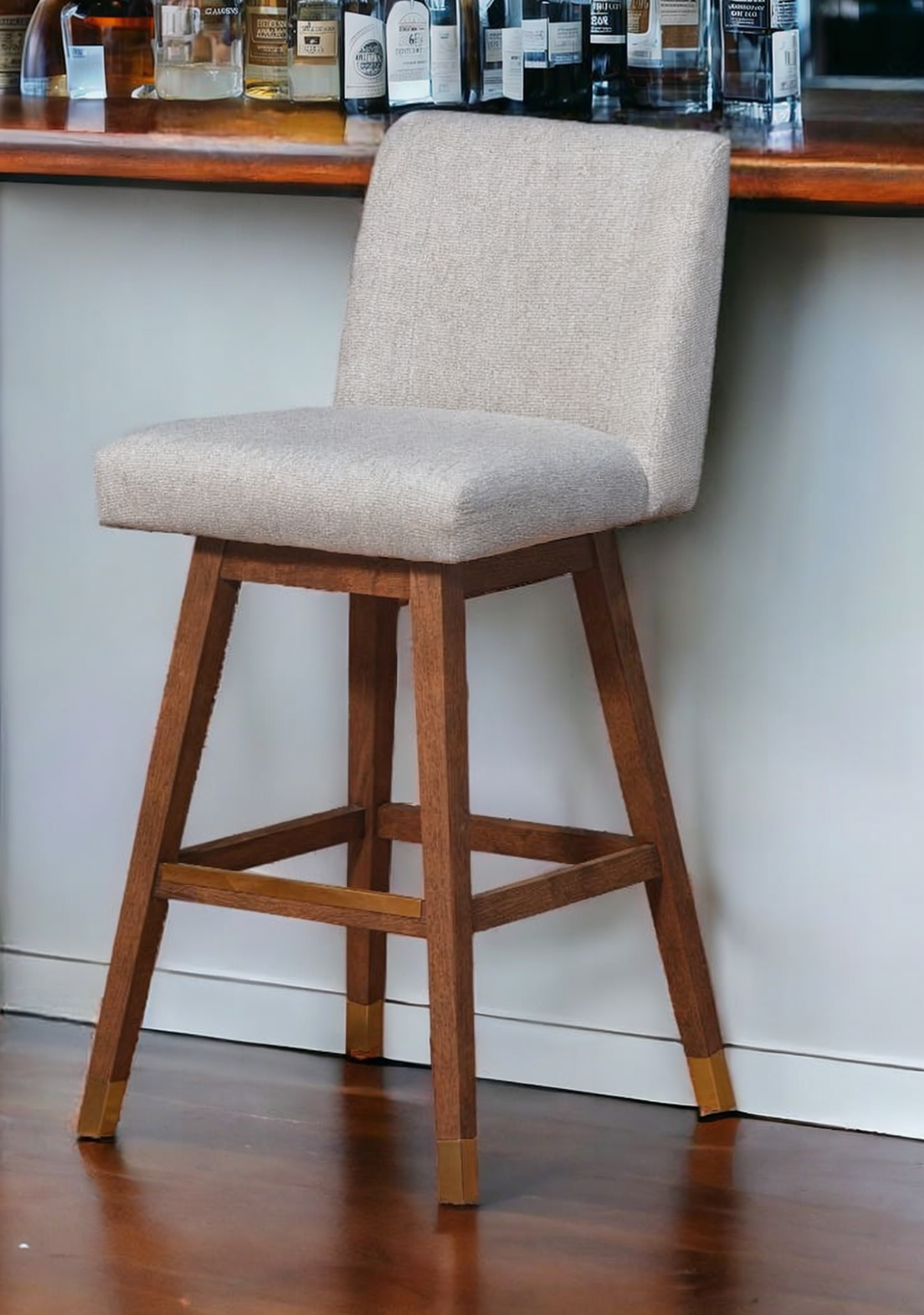 Taupe And Brown Solid Wood Swivel Bar Height Bar Chair