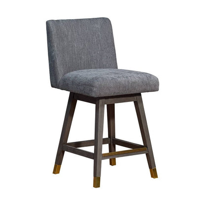 26" Gray And Brown Fabric And Solid Wood Counter Height Swivel Bar Chair