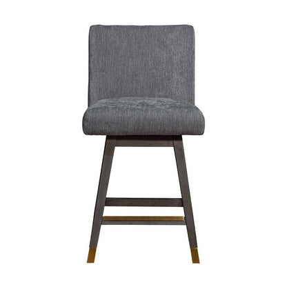 26" Gray And Brown Fabric And Solid Wood Counter Height Swivel Bar Chair