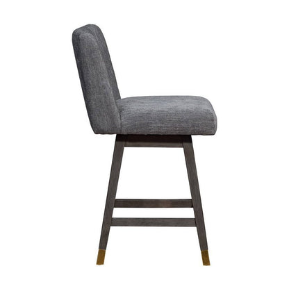 26" Gray And Brown Fabric And Solid Wood Counter Height Swivel Bar Chair