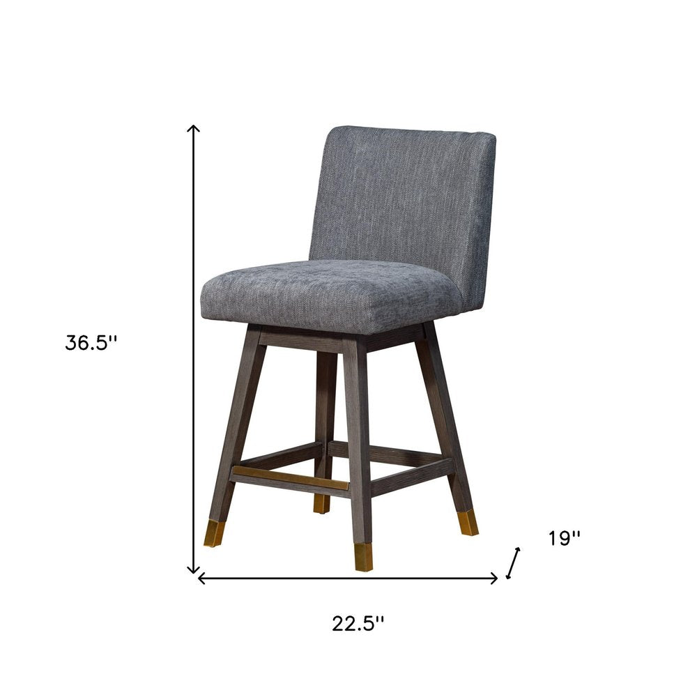 26" Gray And Brown Fabric And Solid Wood Counter Height Swivel Bar Chair