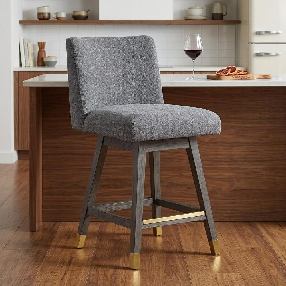 26" Gray And Brown Fabric And Solid Wood Counter Height Swivel Bar Chair