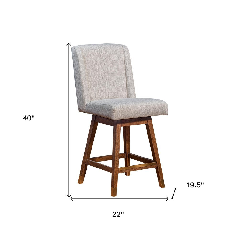 26" Taupe And Brown Fabric And Solid Wood Swivel Bar Chair