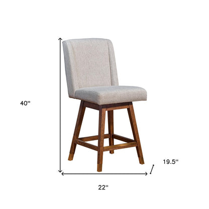 26" Taupe And Brown Fabric And Solid Wood Swivel Bar Chair
