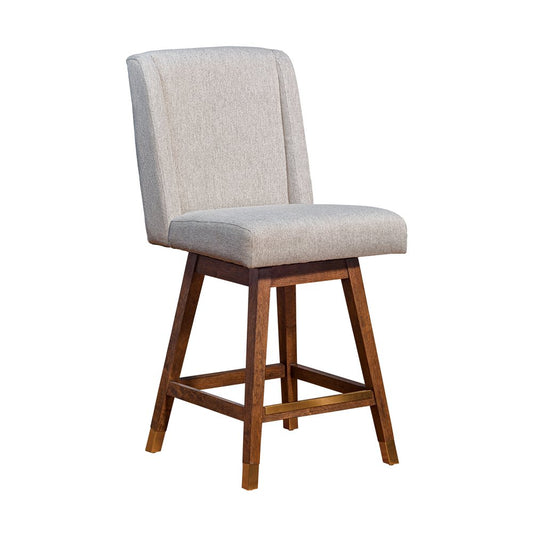 26" Taupe And Brown Fabric And Solid Wood Swivel Bar Chair