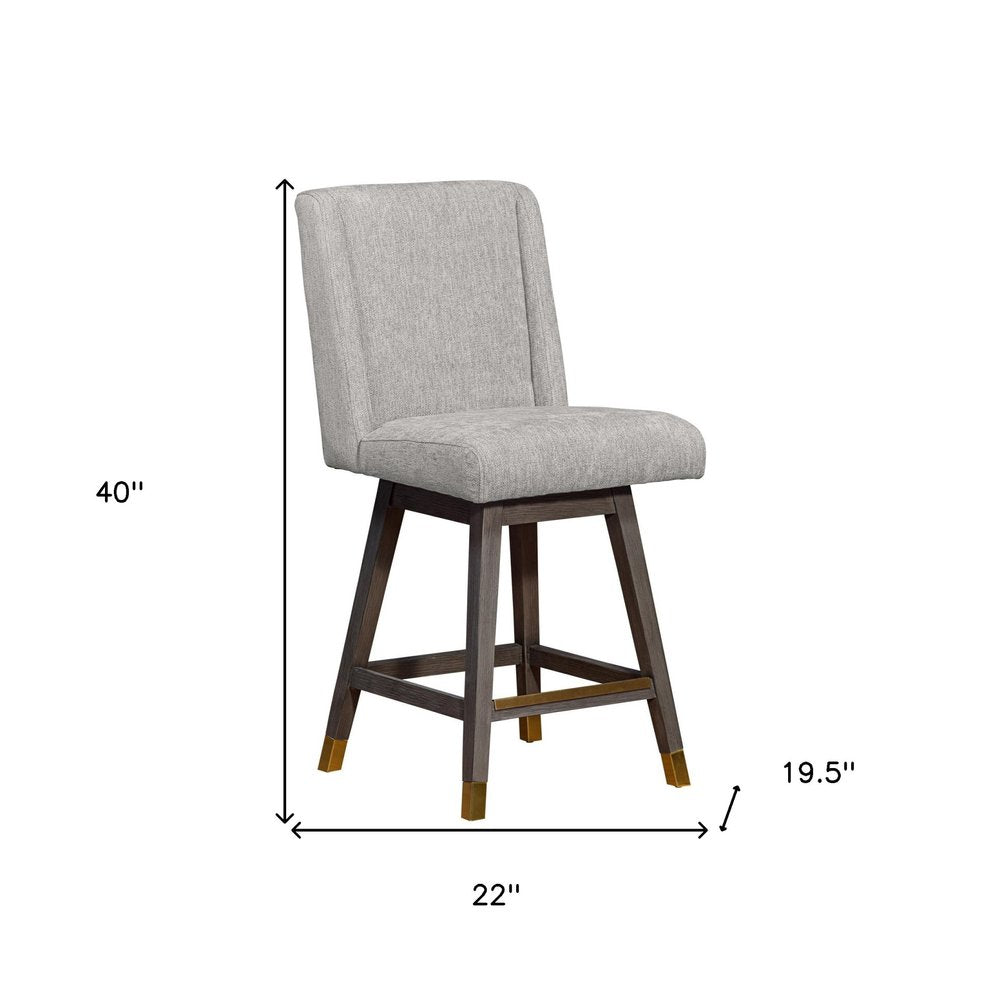 26" Brown And Gray Fabric And Solid Wood Counter Height Swivel Bar Chair
