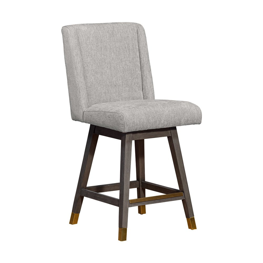 26" Brown And Gray Fabric And Solid Wood Counter Height Swivel Bar Chair