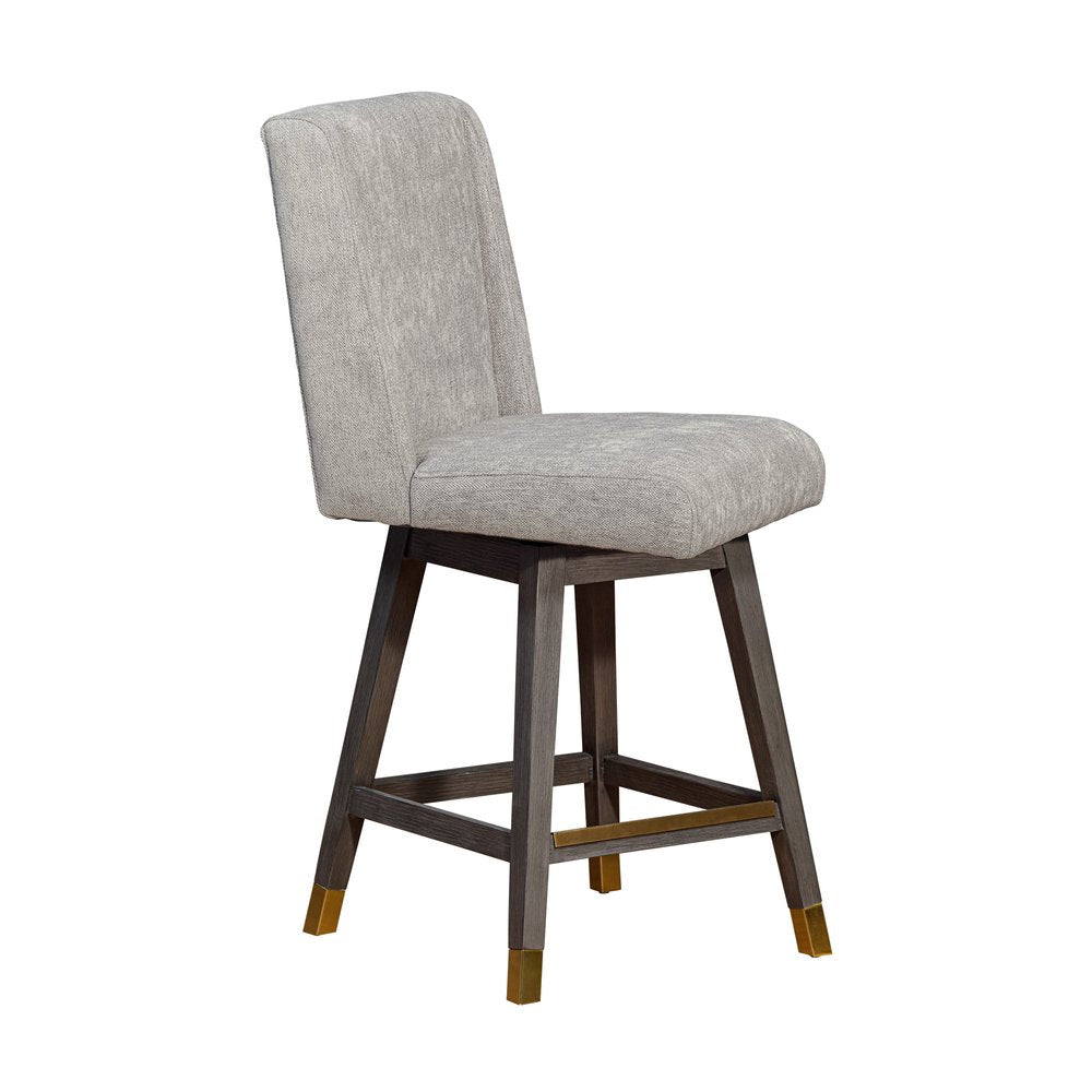 26" Brown And Gray Fabric And Solid Wood Counter Height Swivel Bar Chair
