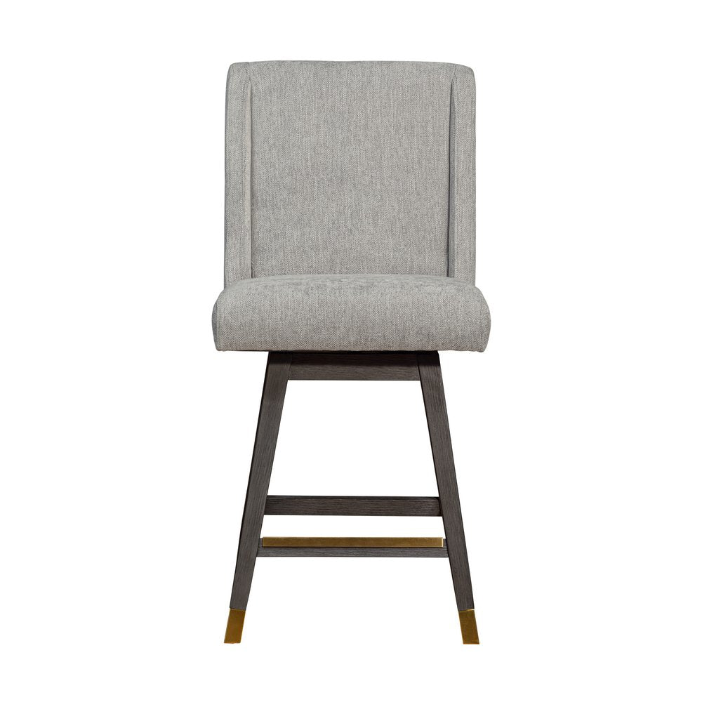 26" Brown And Gray Fabric And Solid Wood Counter Height Swivel Bar Chair