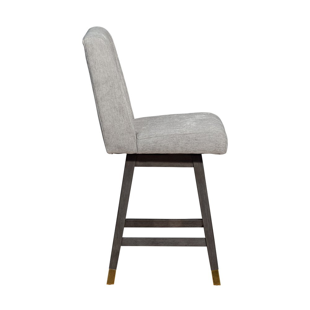 26" Brown And Gray Fabric And Solid Wood Counter Height Swivel Bar Chair