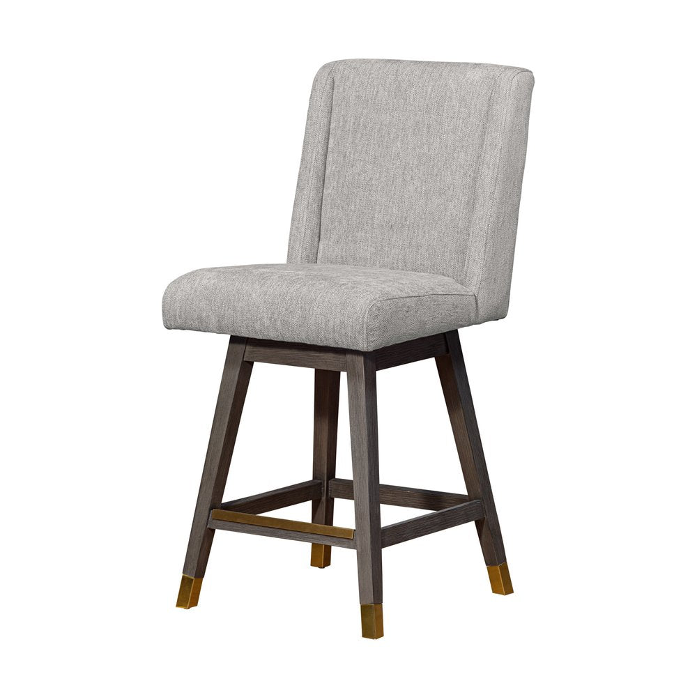 26" Brown And Gray Fabric And Solid Wood Counter Height Swivel Bar Chair