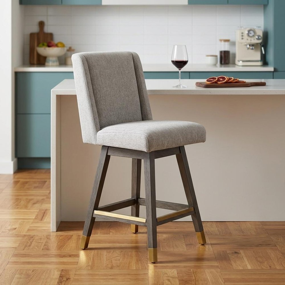 26" Brown and Gray Fabric and Solid Wood Counter Height Swivel Bar Chair