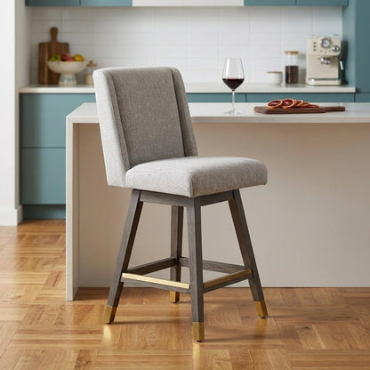 26" Brown and Gray Fabric and Solid Wood Counter Height Swivel Bar Chair