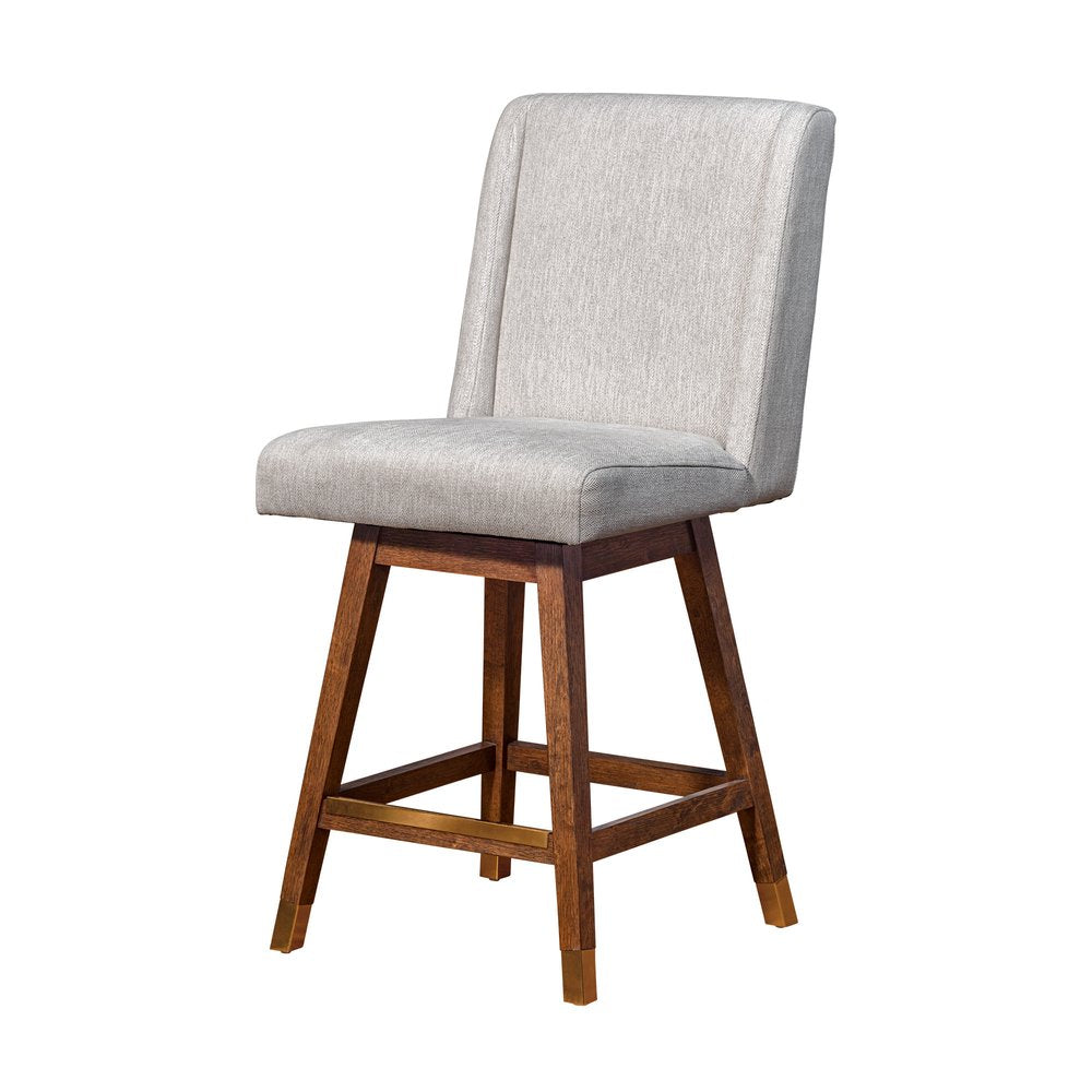 26" Beige And Brown Fabric And Solid Wood Counter Height Swivel Bar Chair