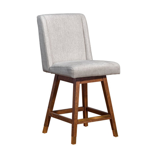 26" Beige And Brown Fabric And Solid Wood Counter Height Swivel Bar Chair