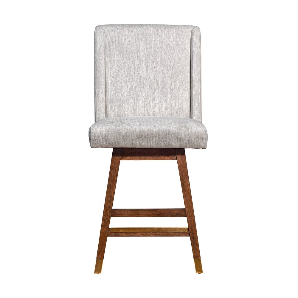 26" Beige And Brown Fabric And Solid Wood Counter Height Swivel Bar Chair