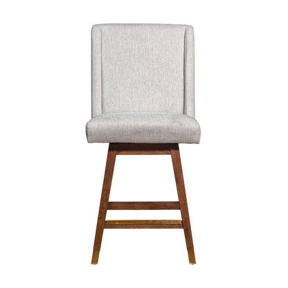 26" Beige And Brown Fabric And Solid Wood Counter Height Swivel Bar Chair