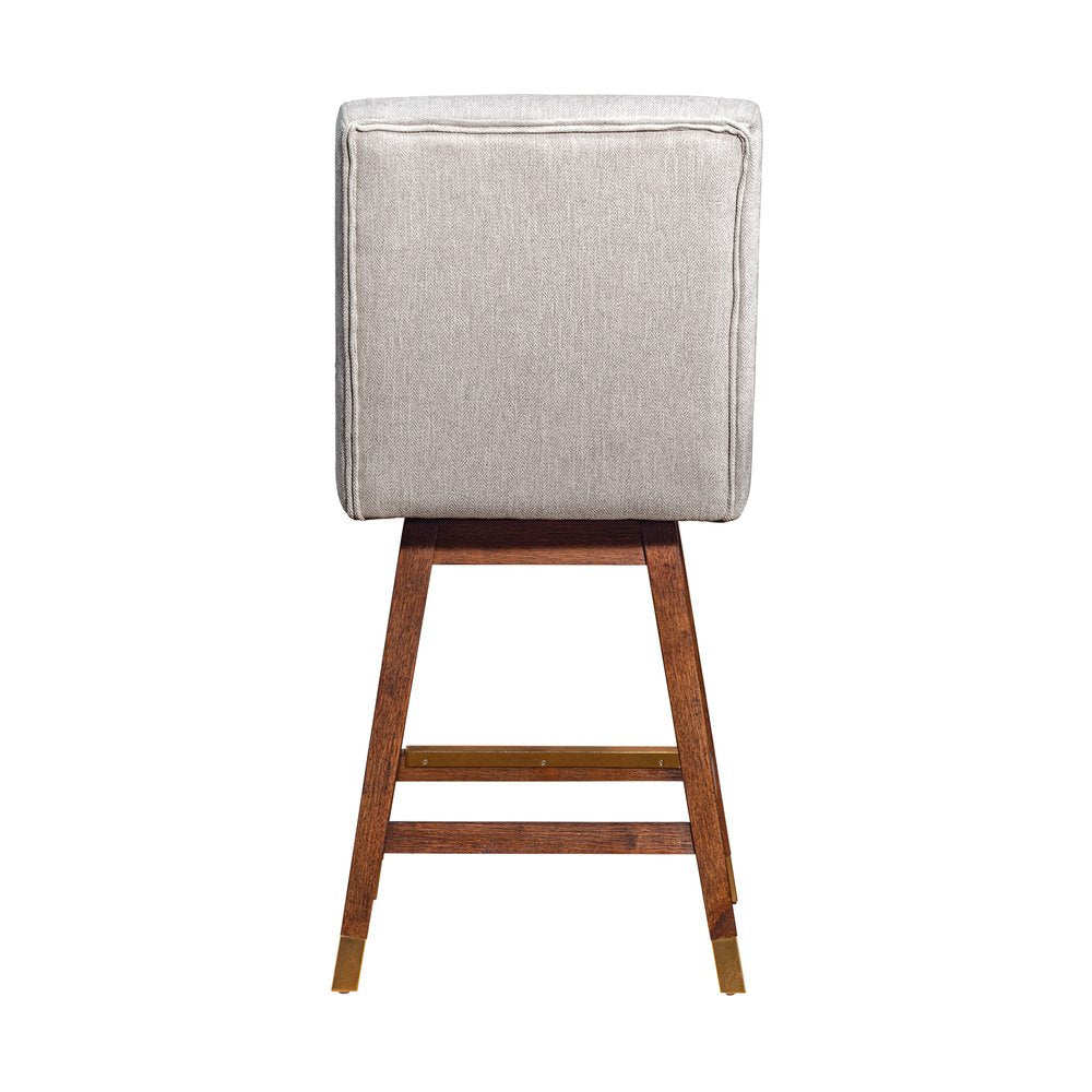 26" Beige And Brown Fabric And Solid Wood Counter Height Swivel Bar Chair