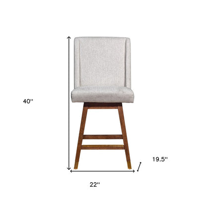 26" Beige And Brown Fabric And Solid Wood Counter Height Swivel Bar Chair
