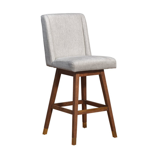 30" Beige and Wood Brown Solid Wood Bar Height Swivel Bar Chair