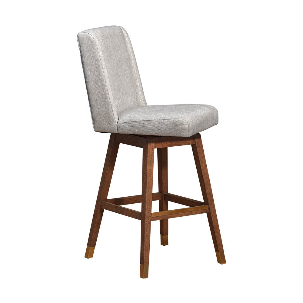 30" Beige and Wood Brown Solid Wood Bar Height Swivel Bar Chair