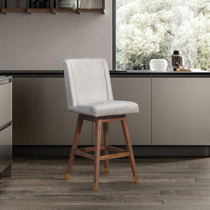 30" Beige and Wood Brown Solid Wood Bar Height Swivel Bar Chair
