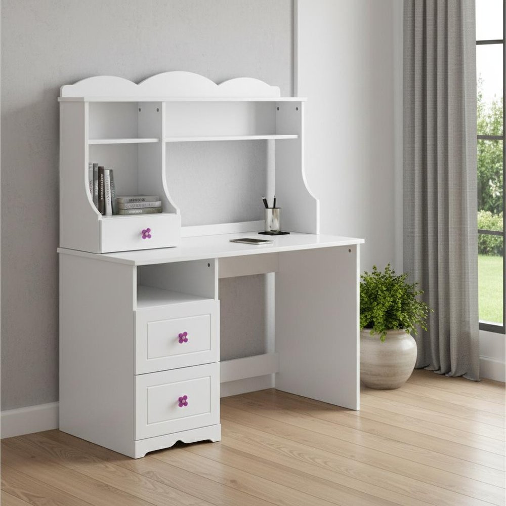 47" White Wood Writing Desk With Two Drawers