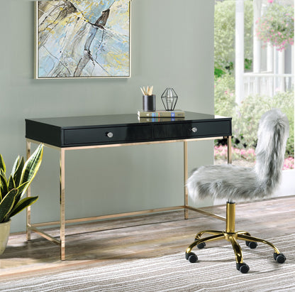 47" Black and Gold Writing Desk With Two Drawers