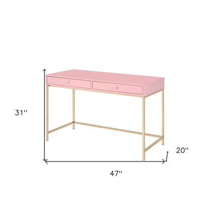 47" Pink and Gold Writing Desk With Two Drawers