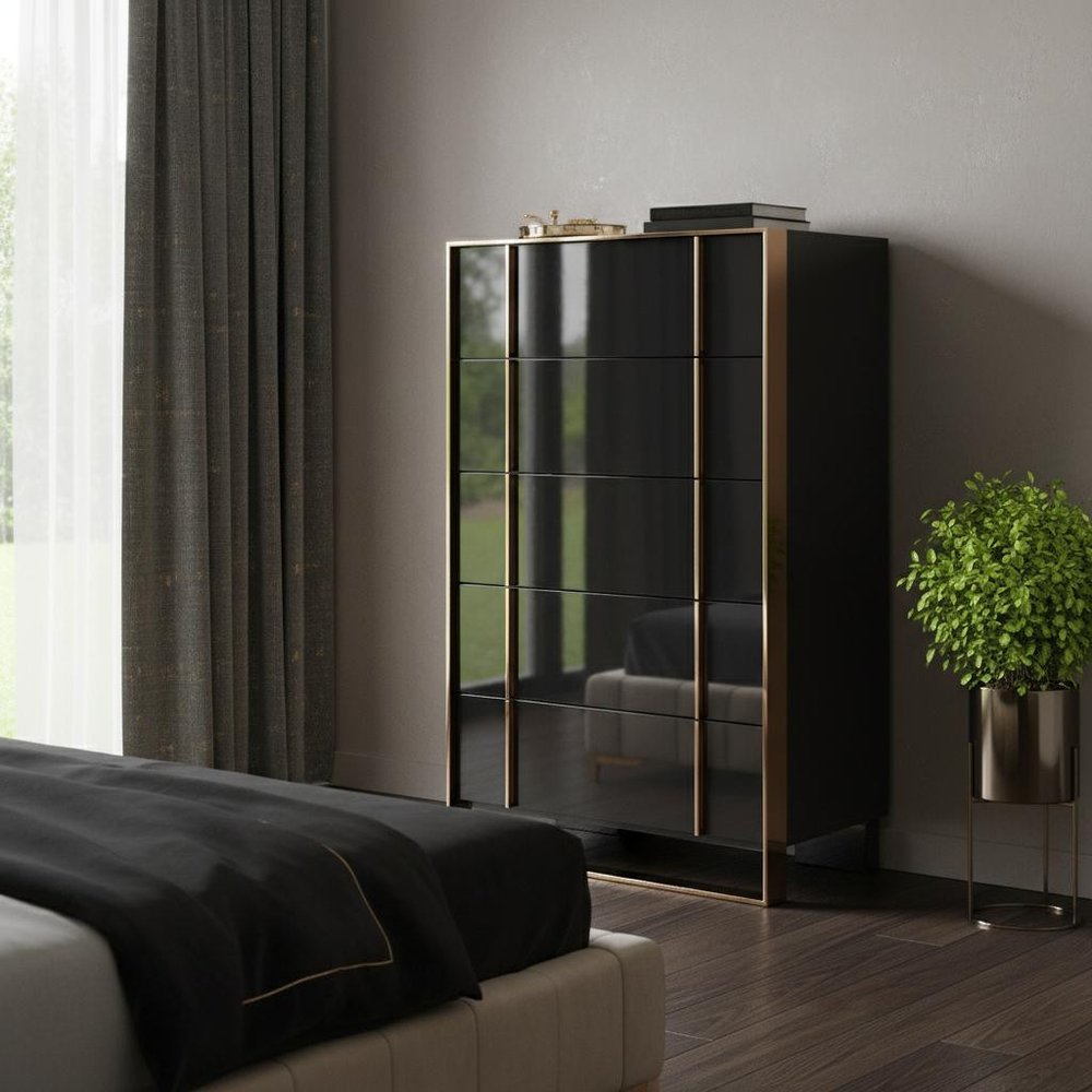 33" Black And Gold Wood Five Drawer Dresser