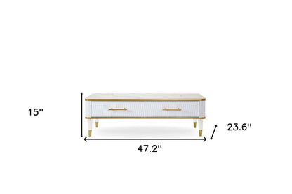 47" White Gold and Faux Stone Rectangular Coffee Table With Drawer
