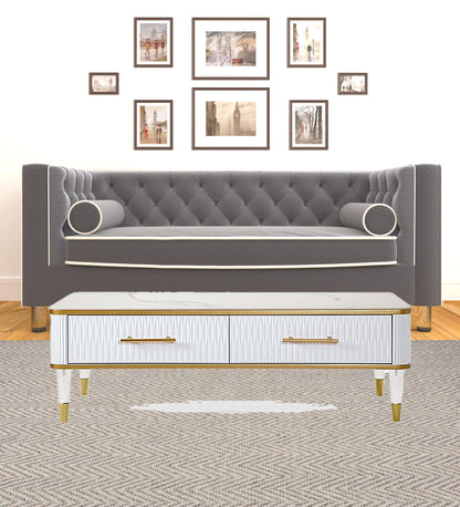 47" White Gold and Faux Stone Rectangular Coffee Table With Drawer