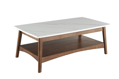 48" Walnut And White Stone Rectangular Coffee Table With Shelf