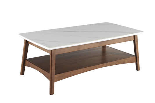 48" Walnut And White Stone Rectangular Coffee Table With Shelf