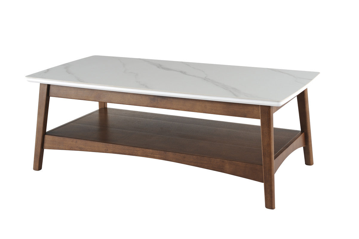 48" Walnut And White Stone Rectangular Coffee Table With Shelf