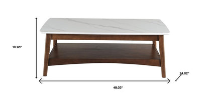 48" White and Brown Sintered Stone and Wood Coffee Table With Shelf